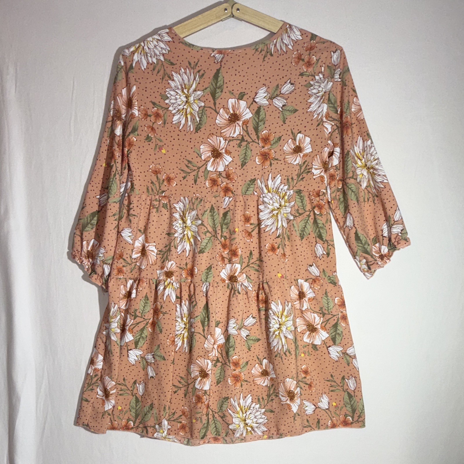 Originality Pink Floral V-Neck Raglan 3/4 Sleeve Babydoll Short Dress S