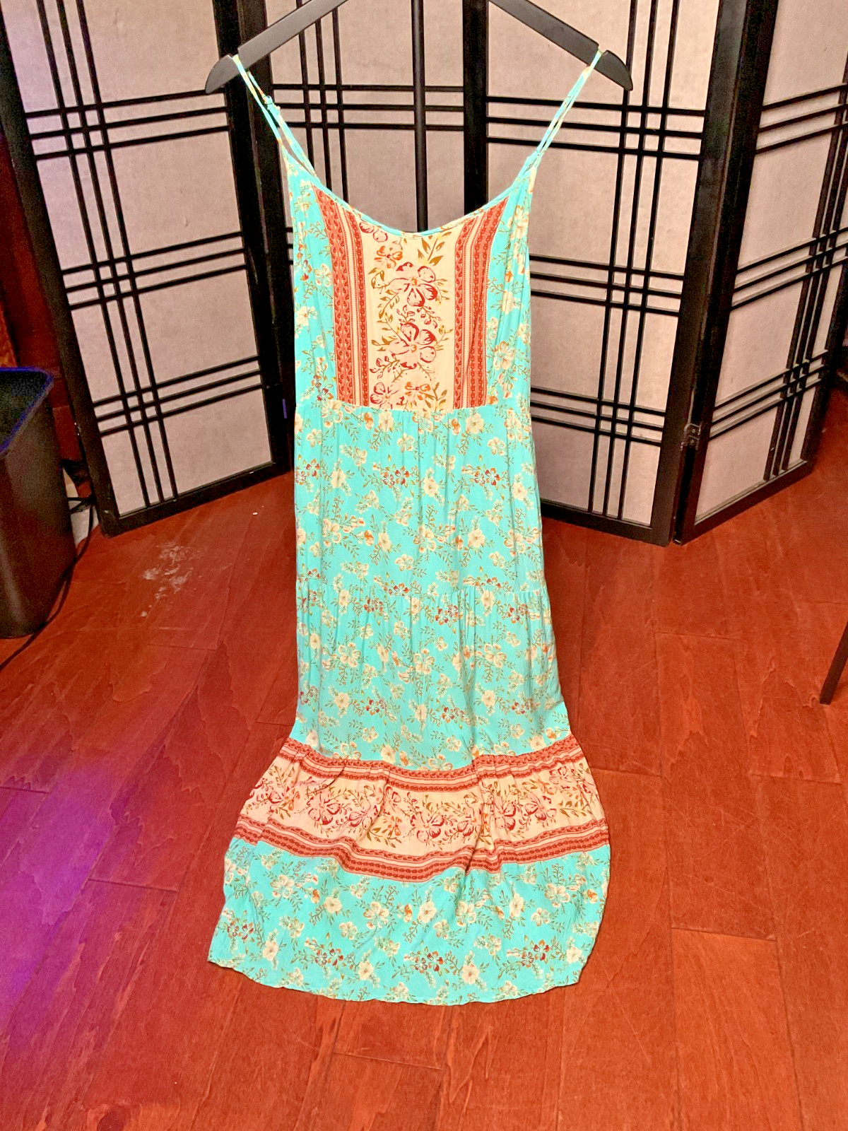Turquoise Floral Boho Maxi Dress Womens S M Spaghetti Strap Festival Beach