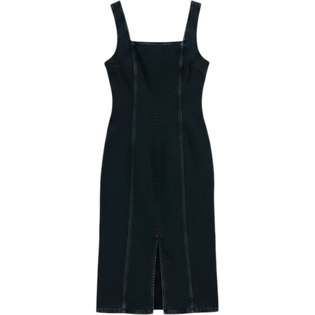 Abercrombie Faded Black Denim Column Midi Dress S Square Neck EUC