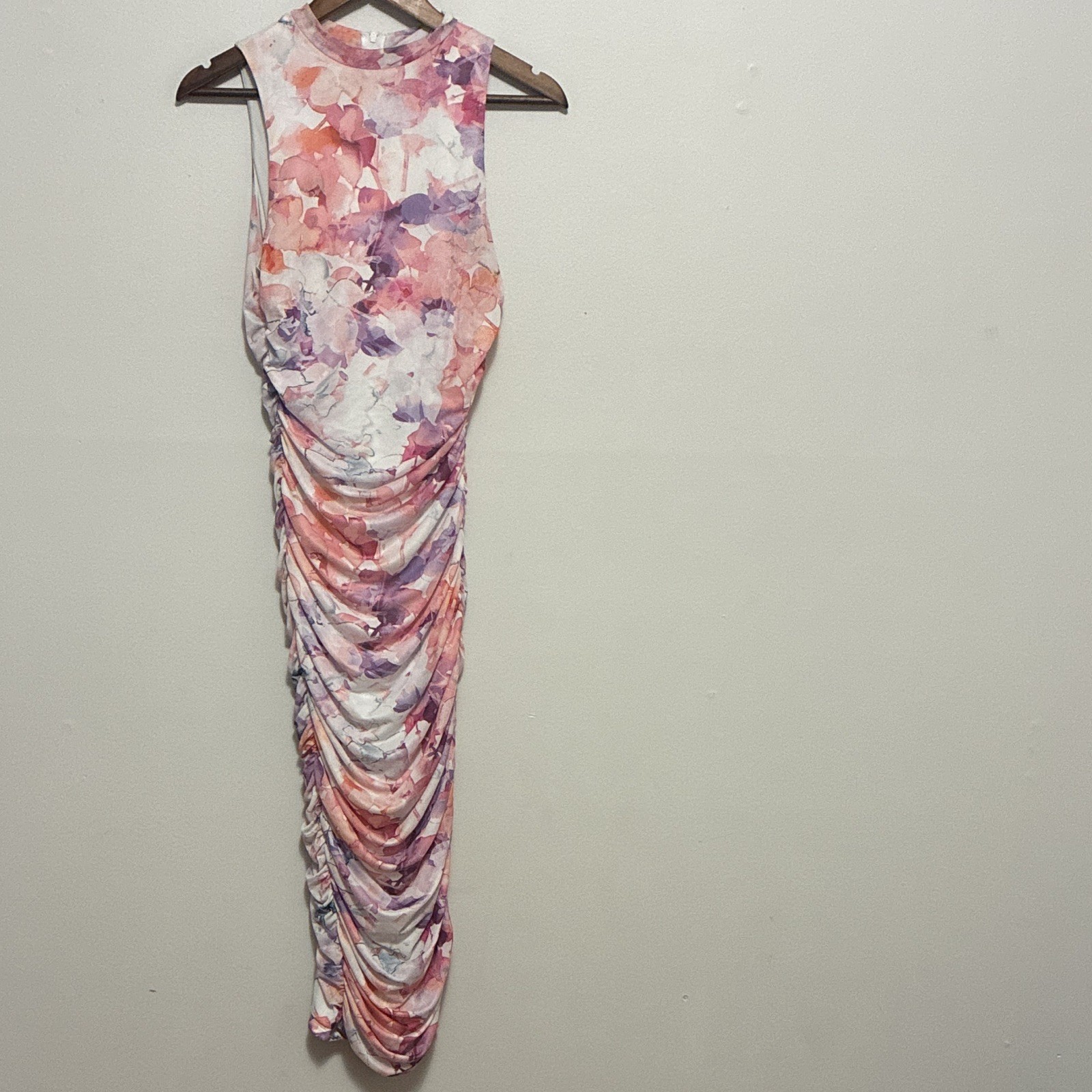 Haute Watercolor Floral Ruched Bodycon Midi Dress Pink Purple Sleeveless Size M
