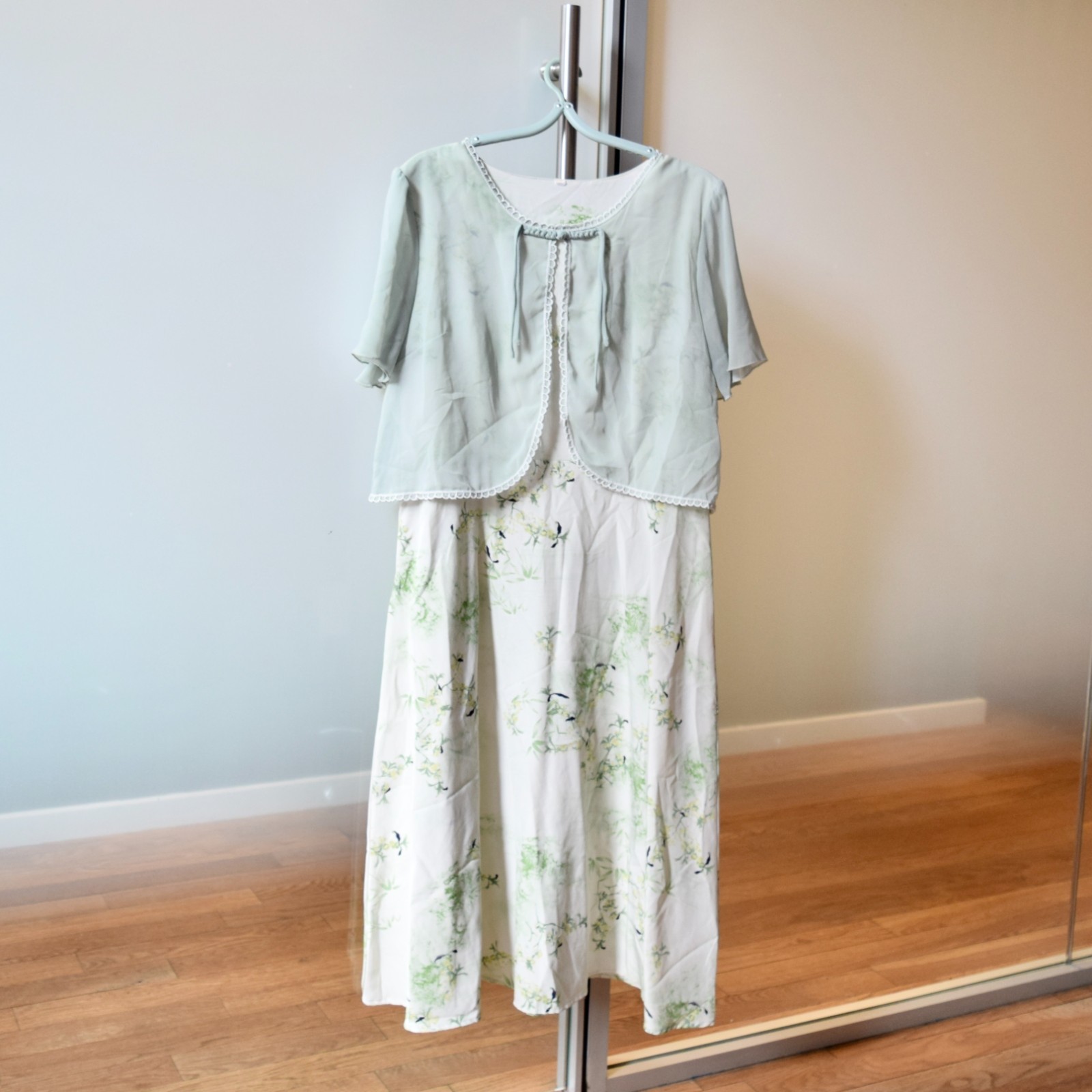 Green Flora Chiffon Qipao – Patchwork Faux Two Piece Dress