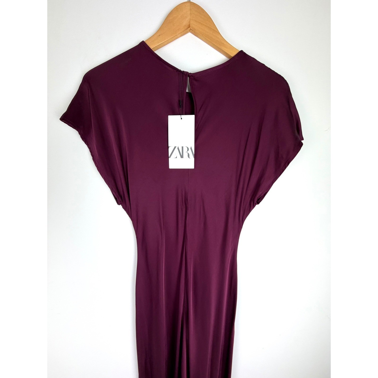 Zara Burgundy Satin Maxi Dress Cap Sleeve NWT Size S Minimalist Plum Wine