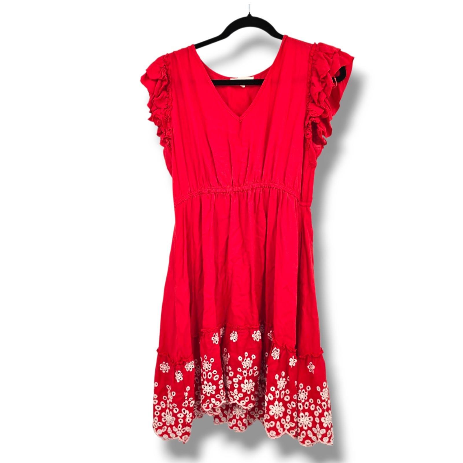 Solitaire Boho Red Dress Ruffle Sleeve Embroidered Hem Summer Mini Size M