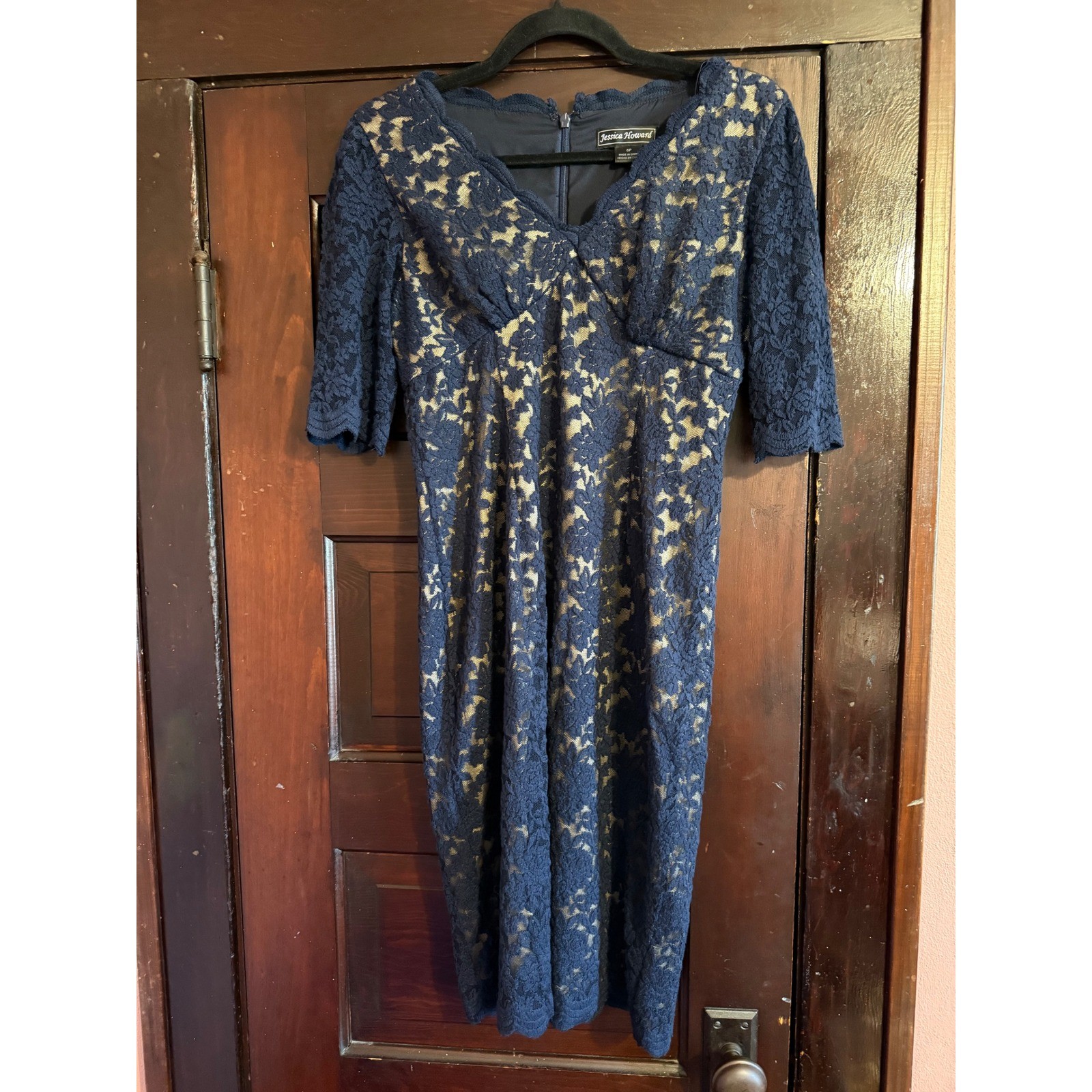 Jessica Howard Navy Blue Floral Lace Sheath Dress V-Neck Elbow Sleeve Petite 6P