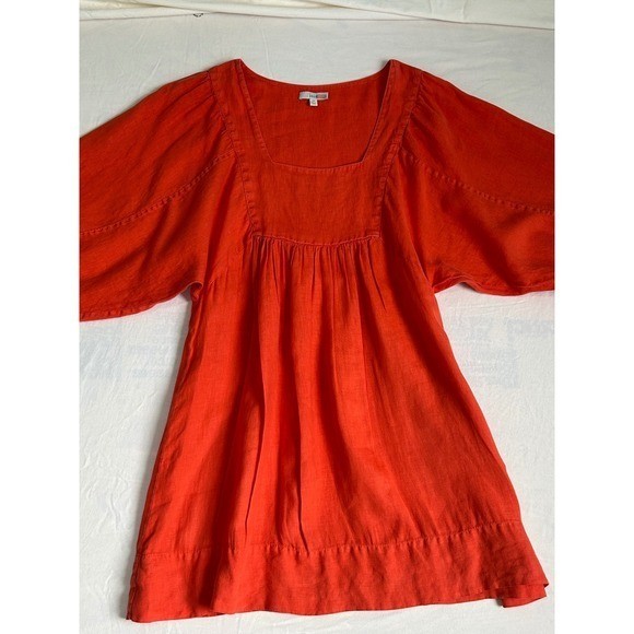 Joie orange 100% Linen Square Neck Babydoll Puff Sleeve mini dress Medium