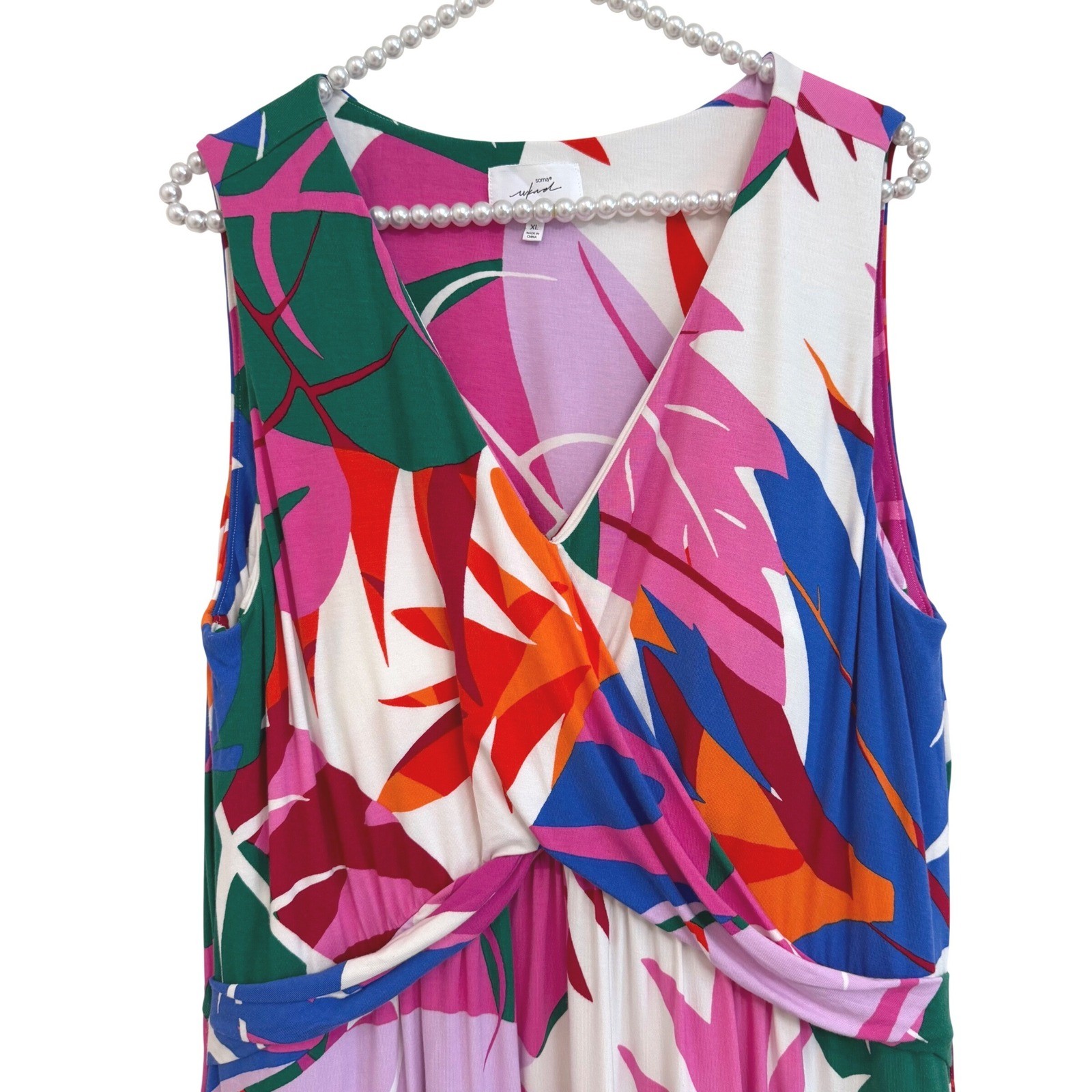 Soma WKND Sleeveless Tropical Leaf Twist Front V-Neck Medium Support Dress XL