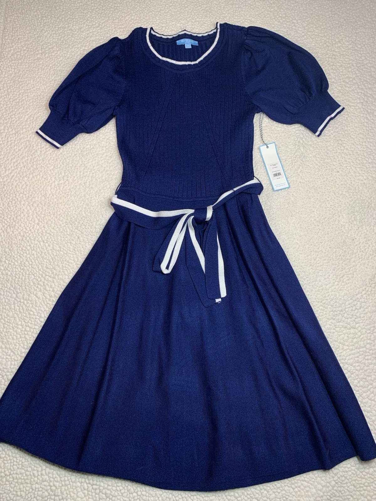 Sweater Dress Small Nautical Preppy Blue White Puff Sleeves