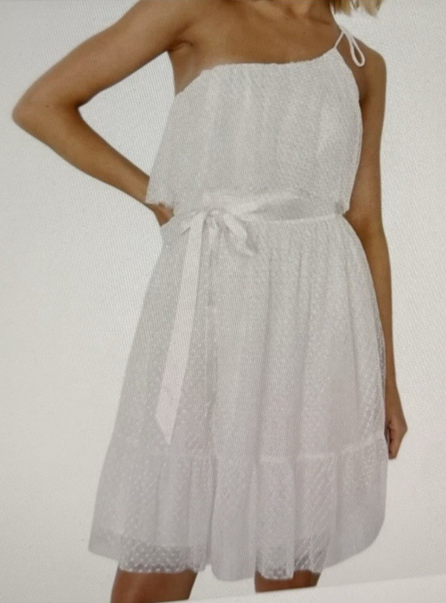 Lulus White Adorable Event Swiss Dot Mesh One Shoulder Mini double lined Dress L