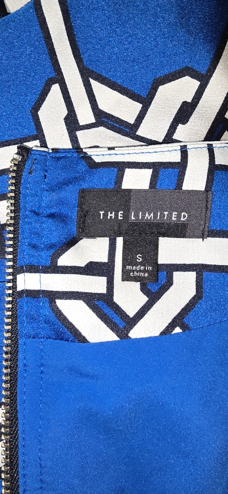The Limited Geometric Shift Dress Boat Neck 3/4 Sleeve Blue White Black Zip S