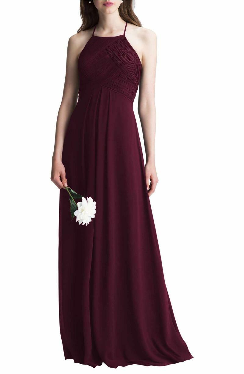 Levkoff Womens 0 Wine Burgundy Halter Chiffon A-Line Gown Dress Maxi Bridal