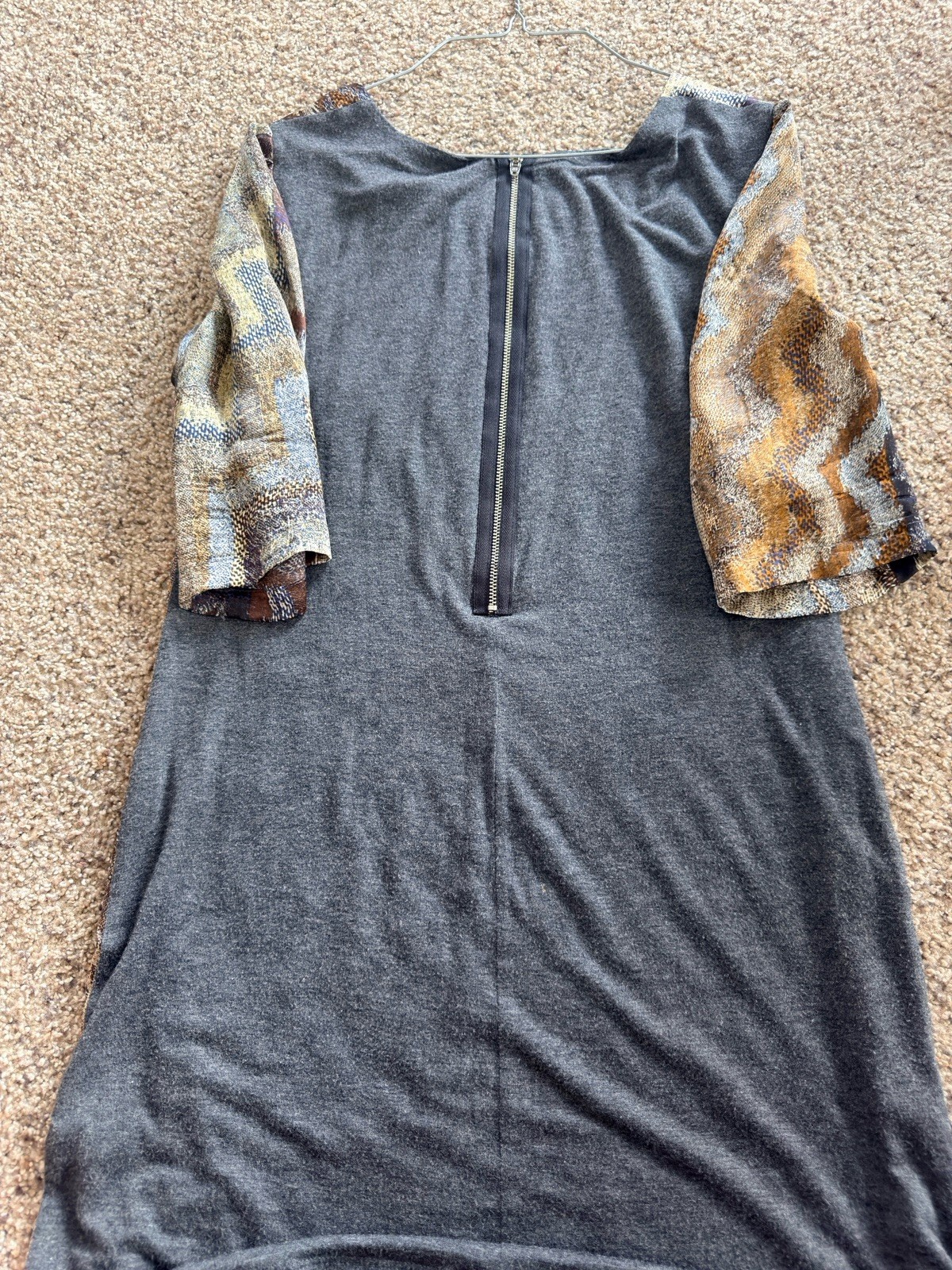 Single Multicolor Knit Silk Blend Shift Dress Geometric Knee Length Zip 3/4 S*
