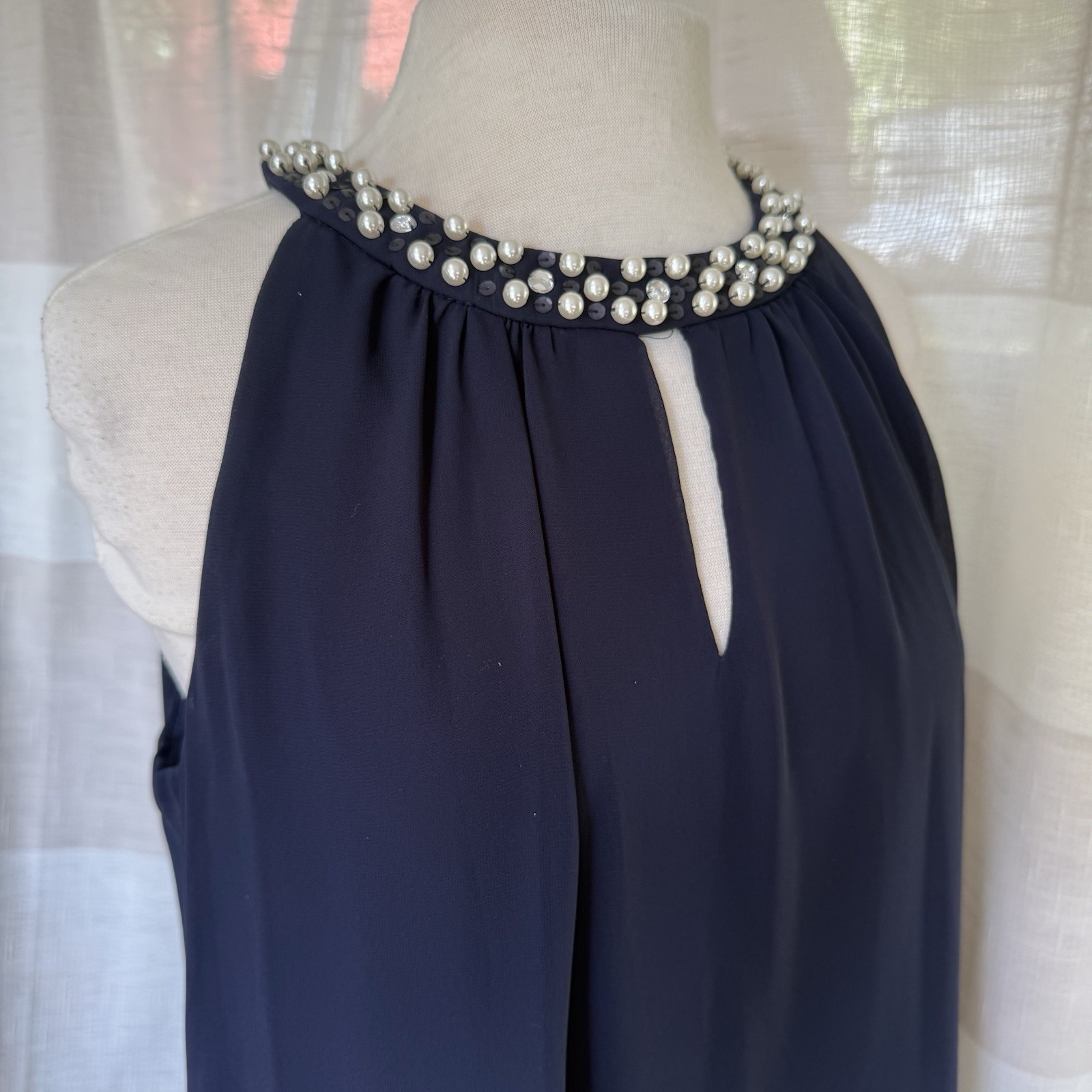 S.L. FASHIONS Shift Dress Sz 16 Navy Sheer Overlay Beaded Neck Cold Shoulder NWT