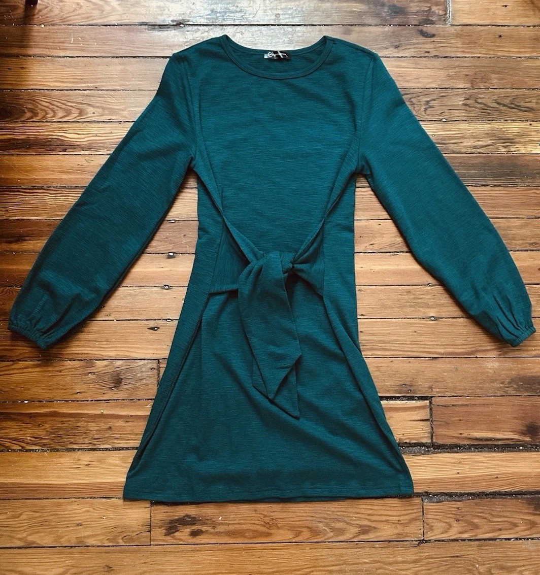 PRETTY GARDEN Green Front Tie Long Sleeve A-Line Sweater Dress – Women S