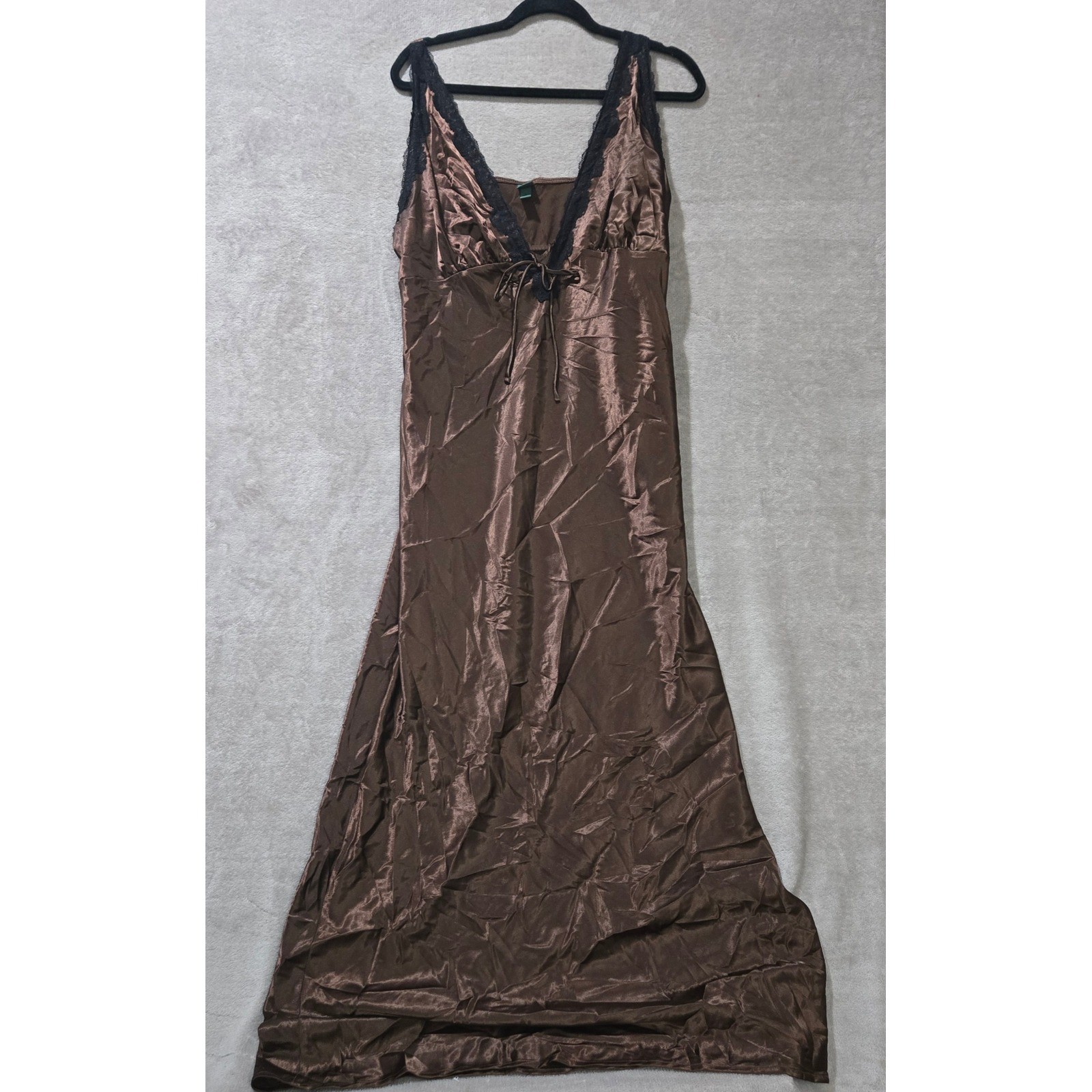 Maxi Slip Dress XL Brown Satin Lace Goth Romantic Boudoir Fairy Grunge Y2K