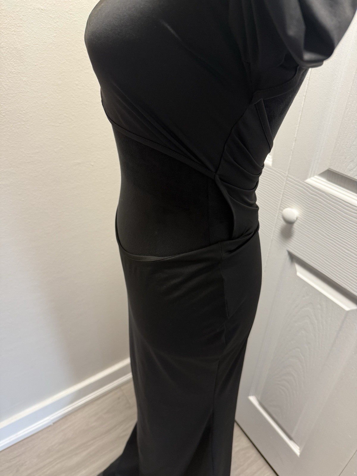 Black Solid Stretch Bodycon Maxi Dress Square Neck Open Back Long Sleeve S