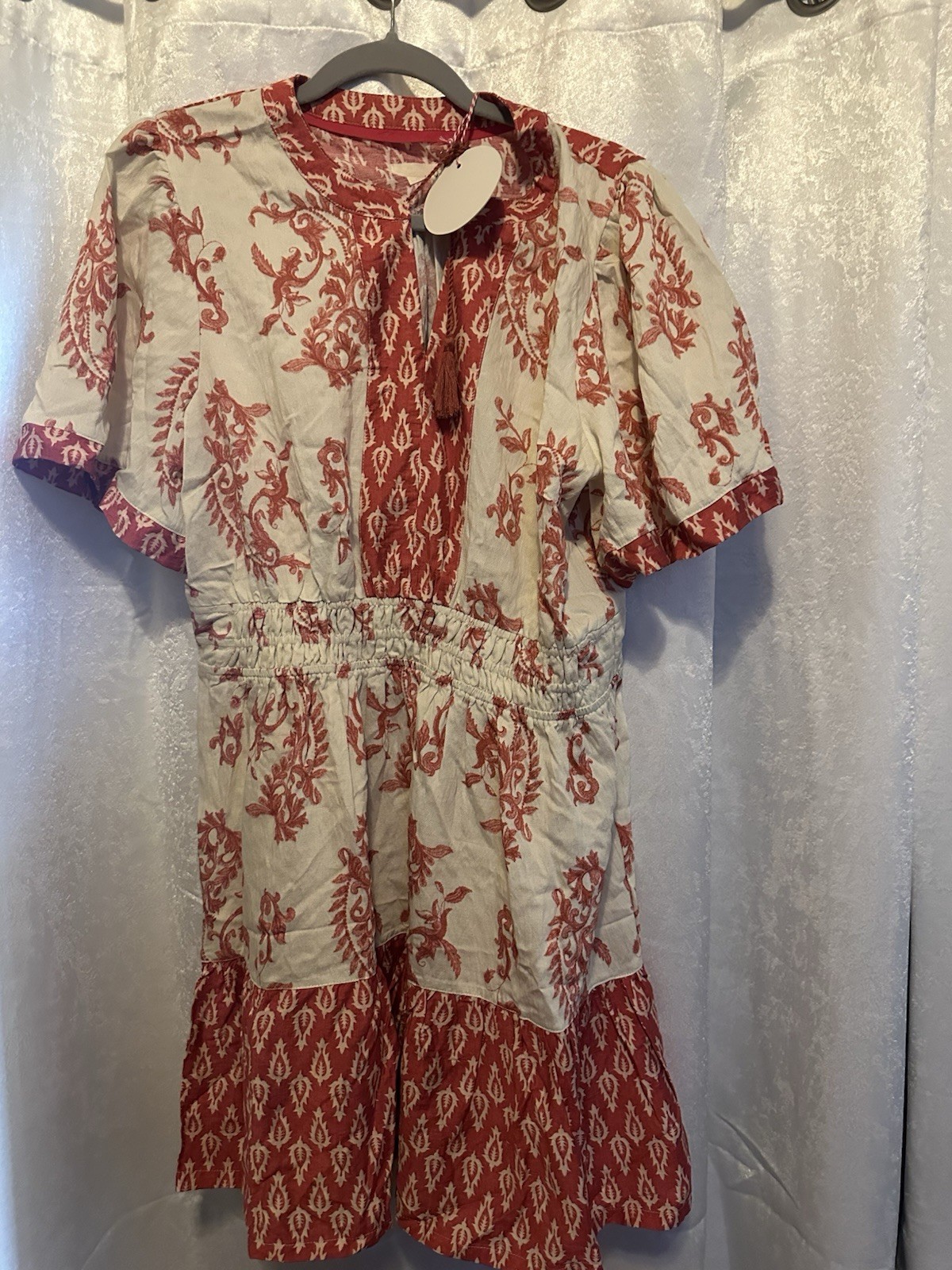 UMGEE Women’s Red/White Floral V-Neck Short Sleeve Elastic Waist Midi L