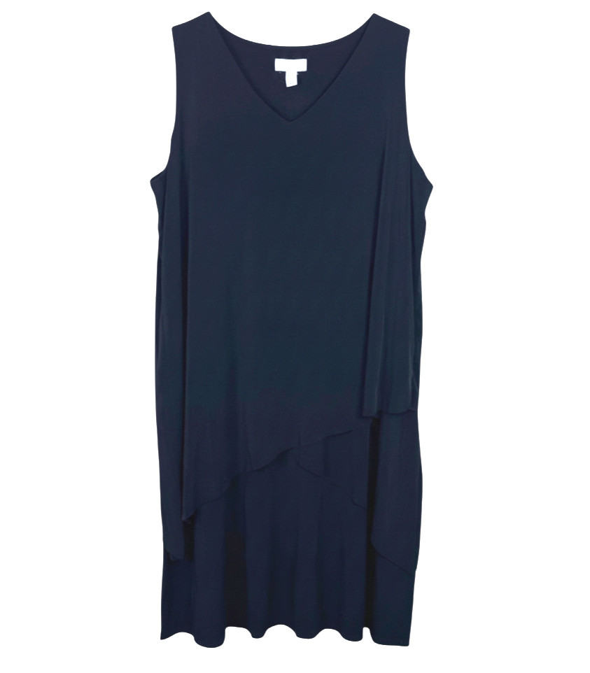 SUSAN GRAVER Liquid Knit BLACK TANK MIDI DRESS Asymmetric Shift Tiered SZ L