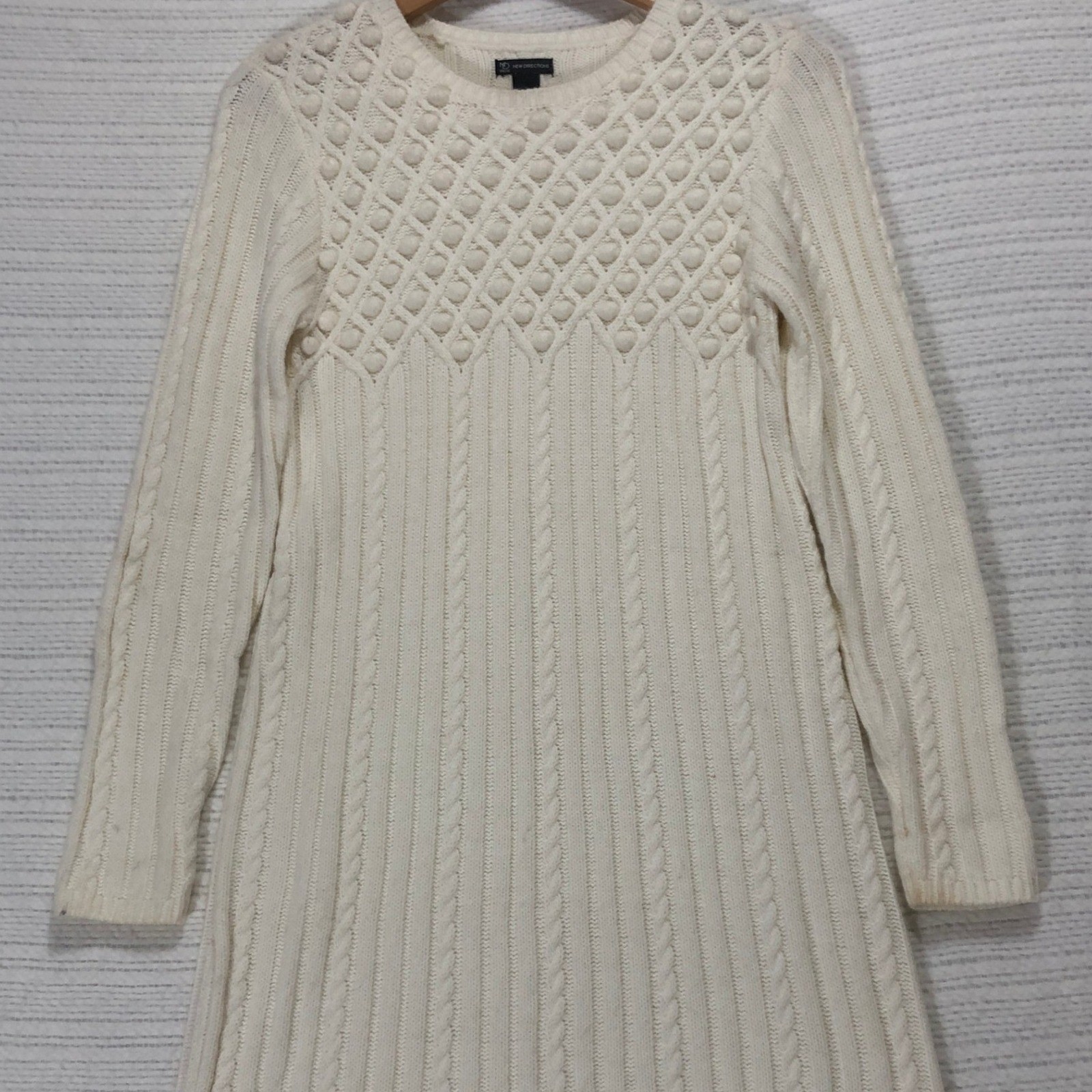 New Directions Cream Cable Knit Pom Pom Bobble Sweater Dress Small Ivory Mini