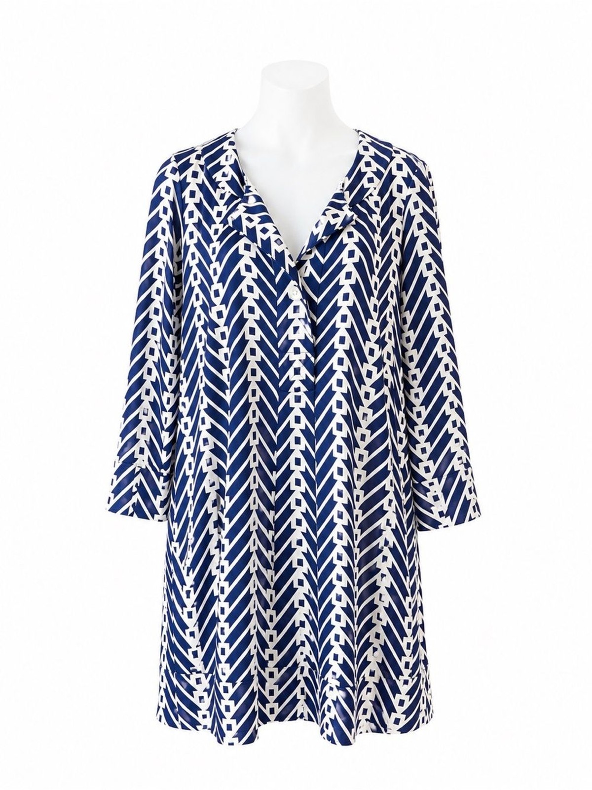 Diane von Furstenberg 100% Silk Blue White Geometric Print Tunic Dress Size 8