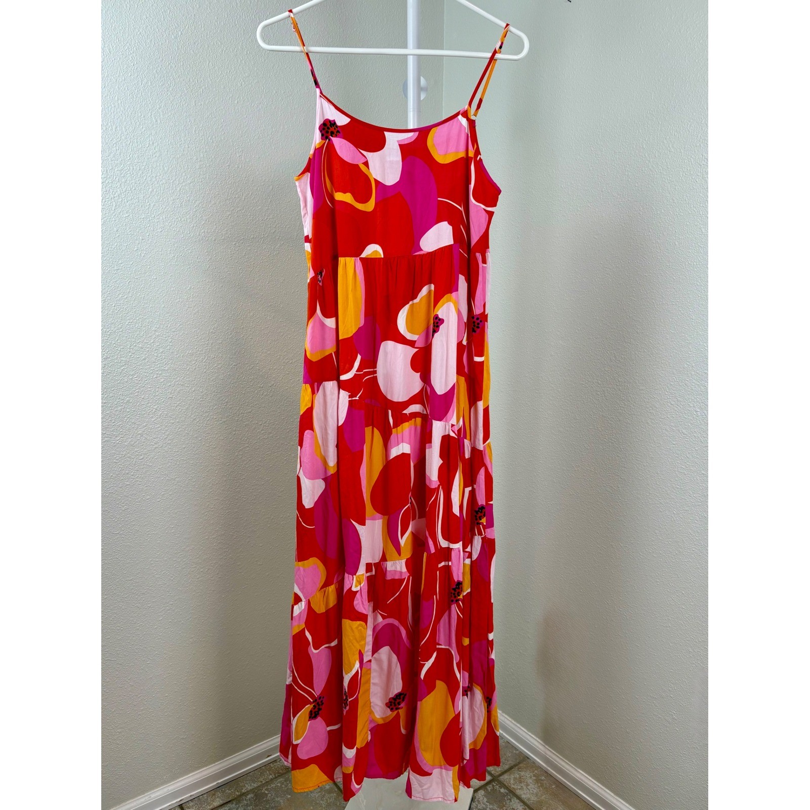 Anrabess Womens Floral Tiered Maxi Dress Pink Orange Red Boho Rayon Size S