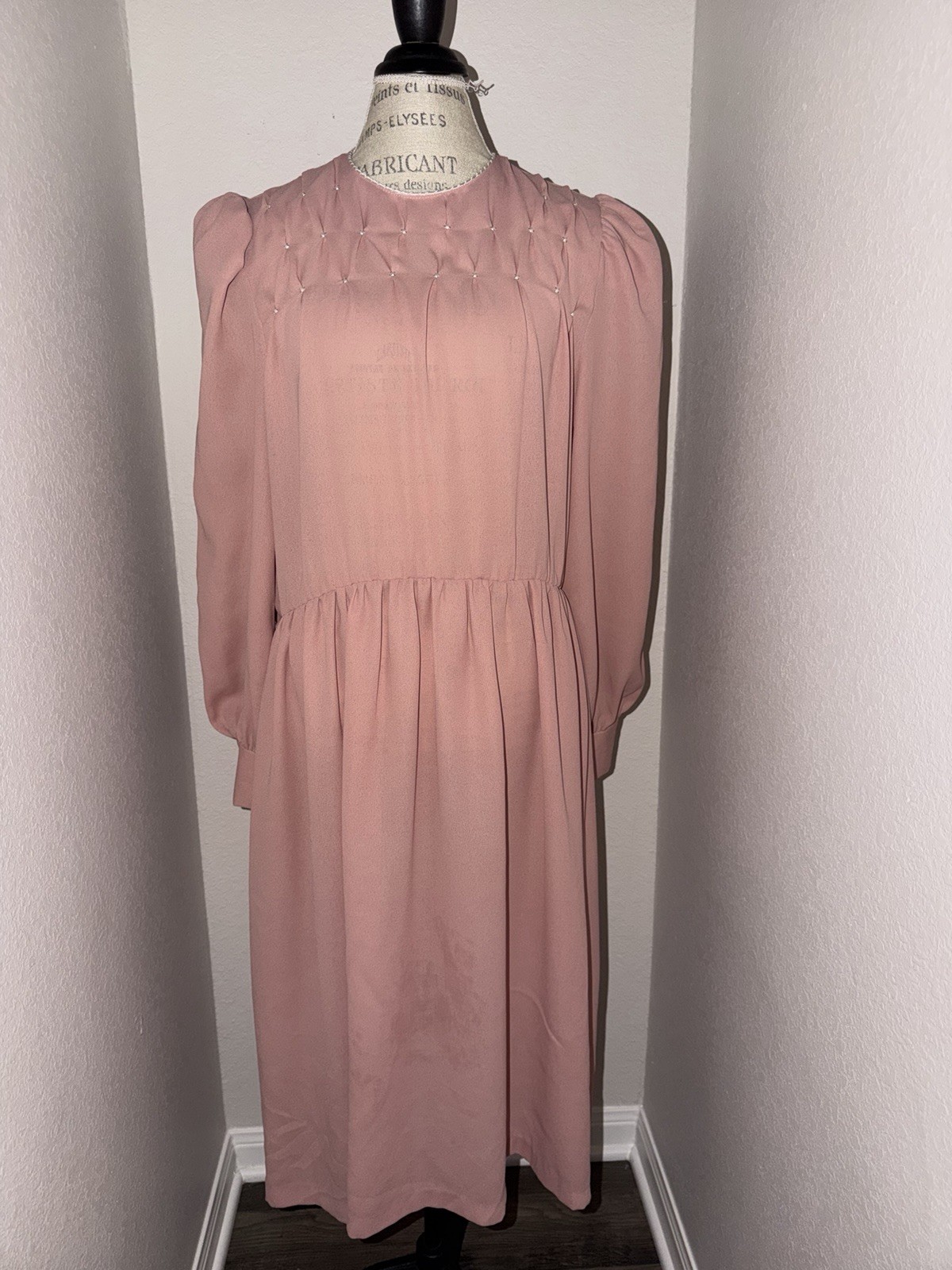Terri Ellen Pink Solid Midi Dress Round Neck Puff Sleeve Beaded Zip