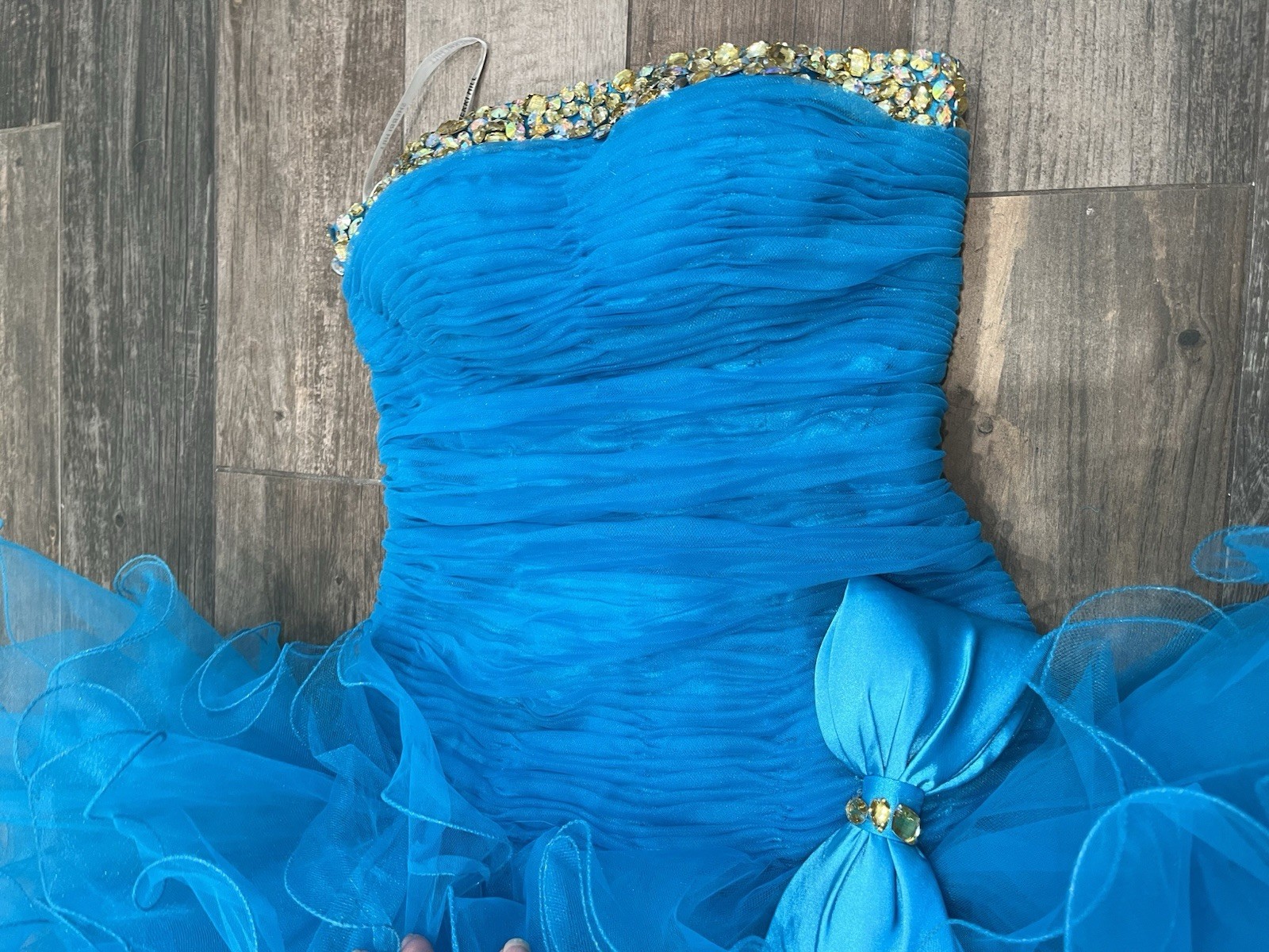 sherri hill 2326 Turquoise size 2 cocktail dress bow Rhinestone Flounce Ruffle
