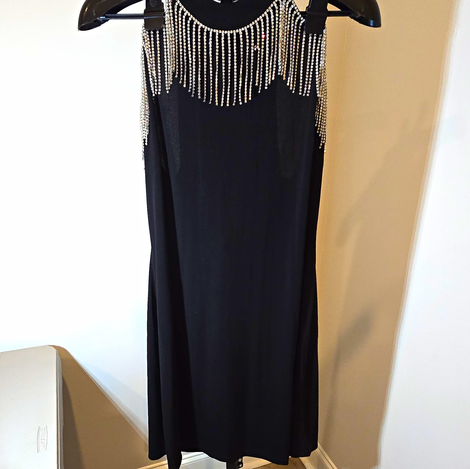 Michael Kors Women’s XXL Black Sheath Crew Neck Rhinestone Fringe Long Dress