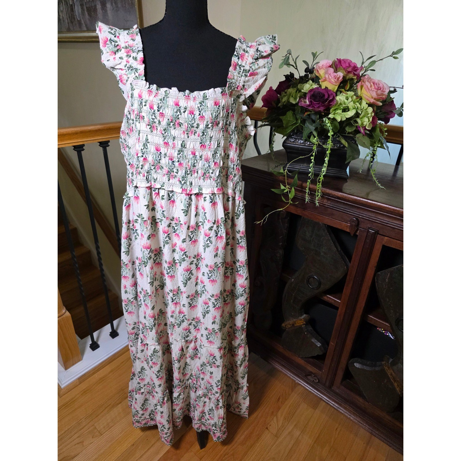 Max studio London Floral Smocked Maxi Dress Pink Green Ruffle Tiered 3X NWT