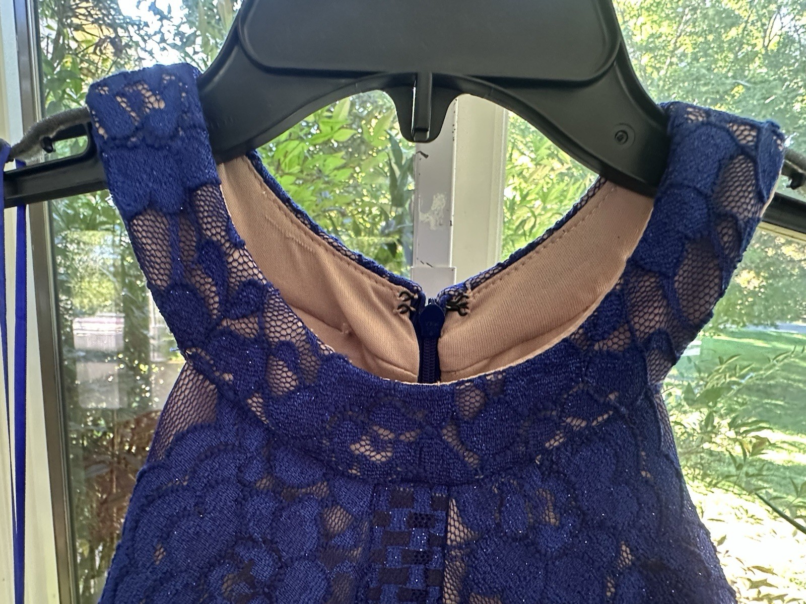 Morgan & Co. Blue Floral Lace Halter Sleeveless Long Gown Zip Sheer S/6