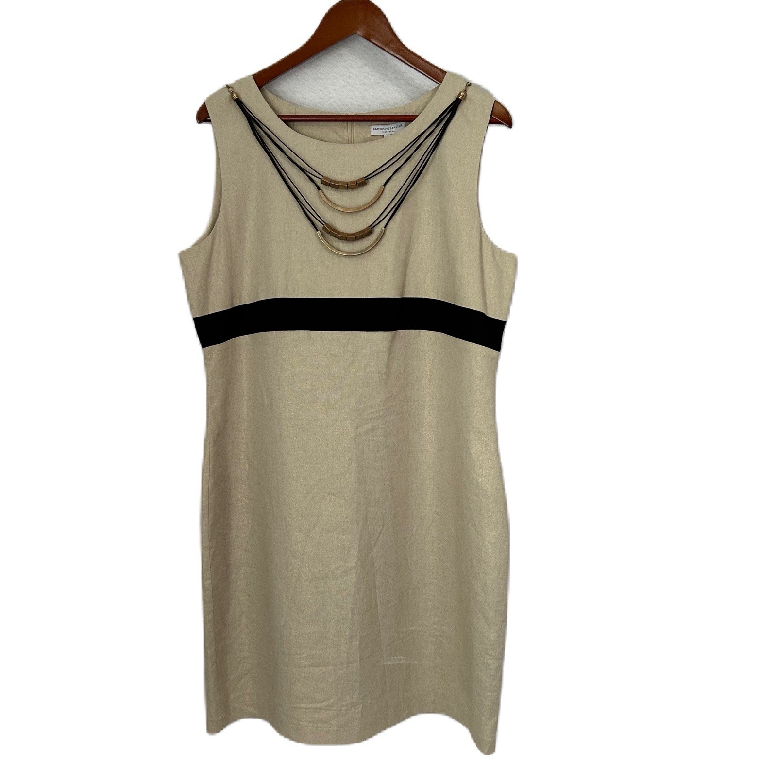 Katherine Barclay Dress Women L Gold Lame Linen Black Lined Jewelry Cocktail NWT