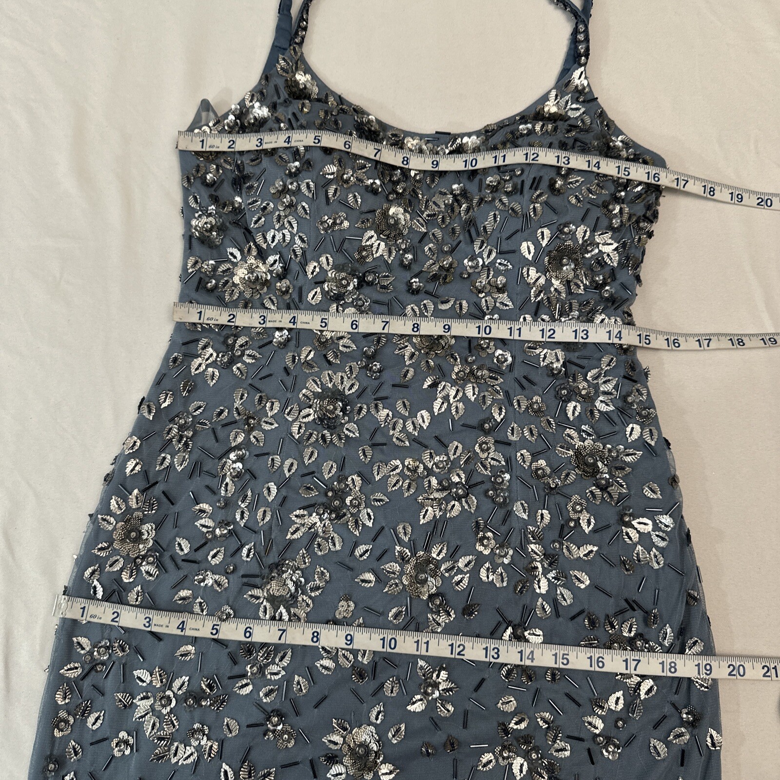 NWT Mac Duggal [ 8 ] 5477 Floral Embellished Scoop Neck Gown Slate Grey J1191