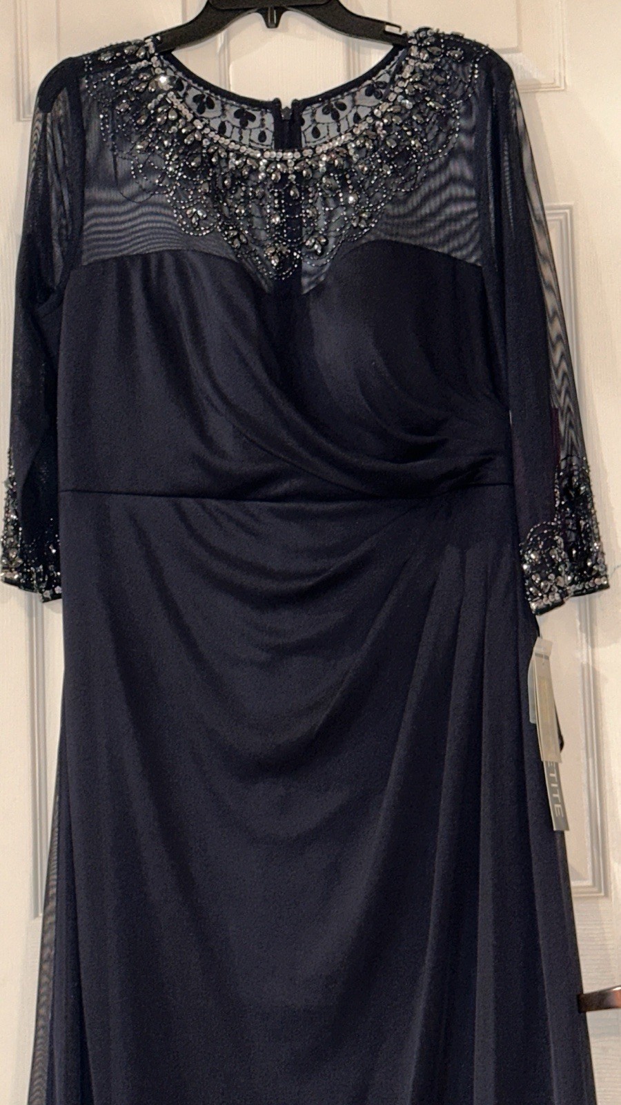 NWT Alex Evenings Womens SZ 14P Dark Navy Long Sleeve Jeweled Formal $239