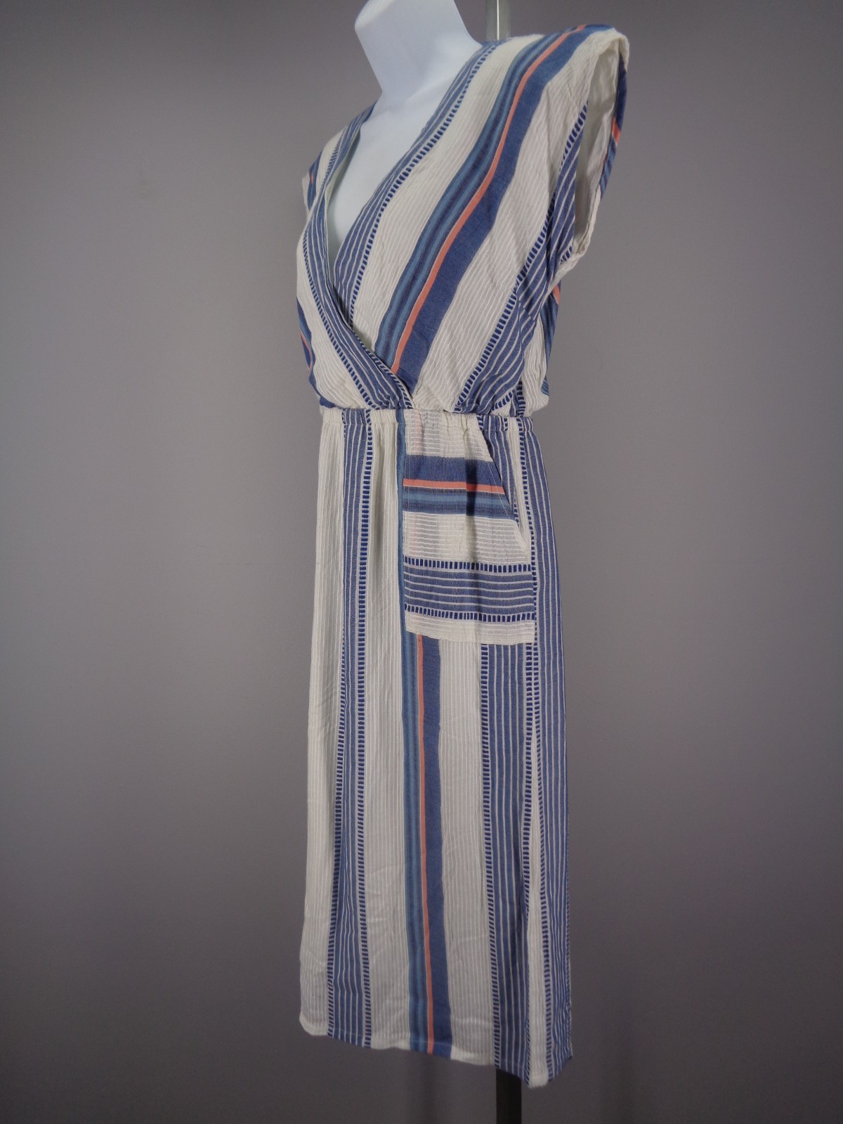THML Stripe Pom Pom Tie Neck Dress Size Small White Blue Coral