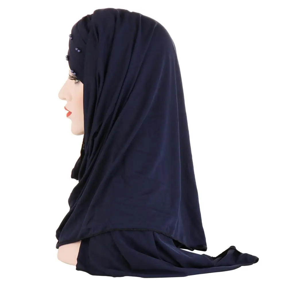 2019 Muslim Cotton Scarf Plain Hijabs With Bead Shawls And Wraps Femme Musulman