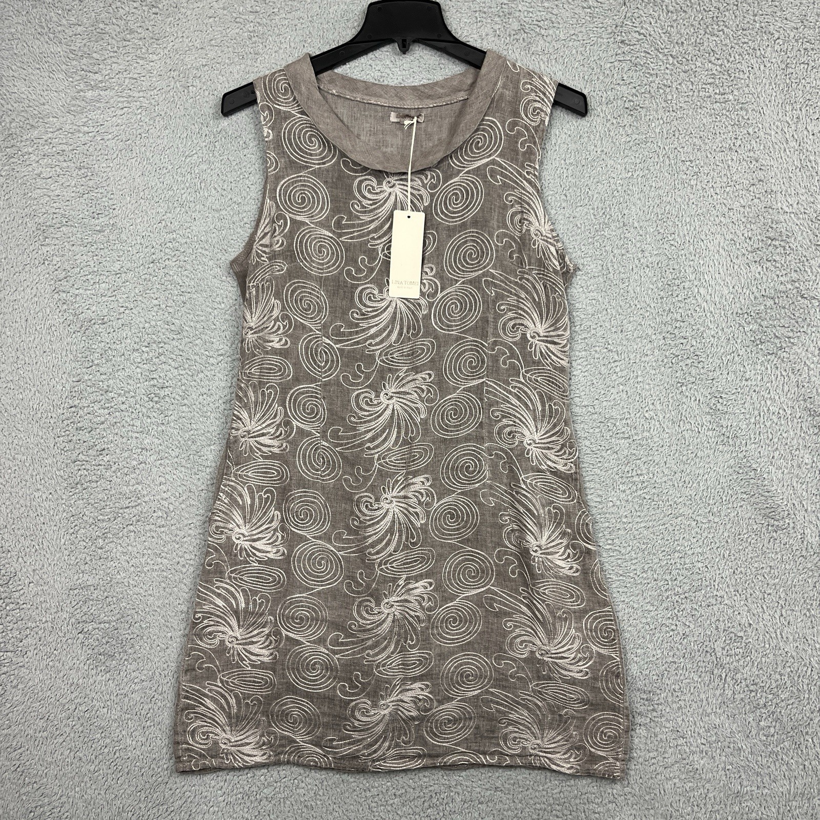Lina Tomei Linen Dress Women XL Taupe Embroidered Lagenlook Resort Wear Coastal