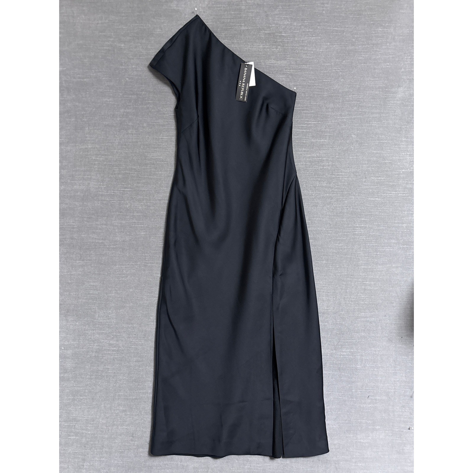 Banana Republic Dress XXS Black One Shoulder Silky Midi Slit LBD Cocktail Party
