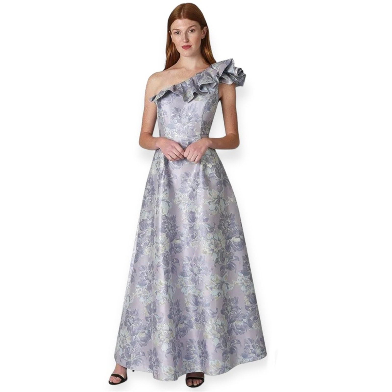 NWT $229 Marina Women’s One Shoulder Floral Jacquard Metallic Maxi Gown, Sz 8