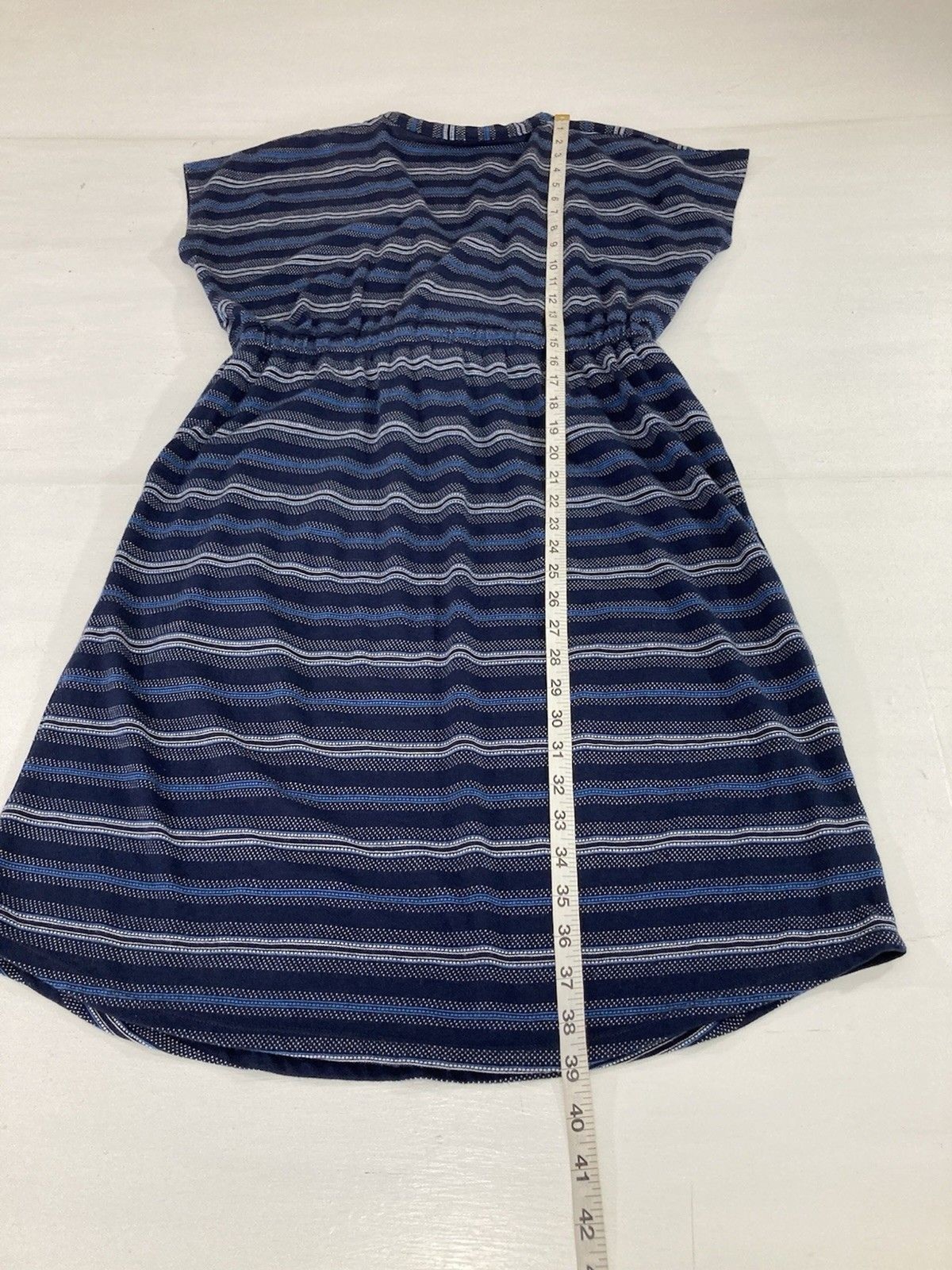 Eddie Bauer Dress Womens M Blue Stripe V Neck Cap Sleeve Pockets Cotton