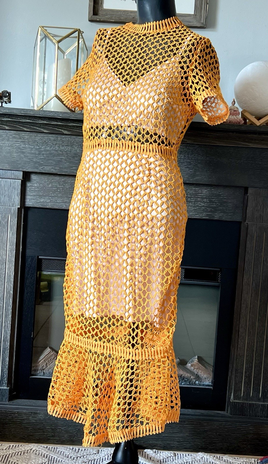 Vintage Y2K 90s Orange Crochet Midi Dress with Flair Ruffle Mermaid Hem Large