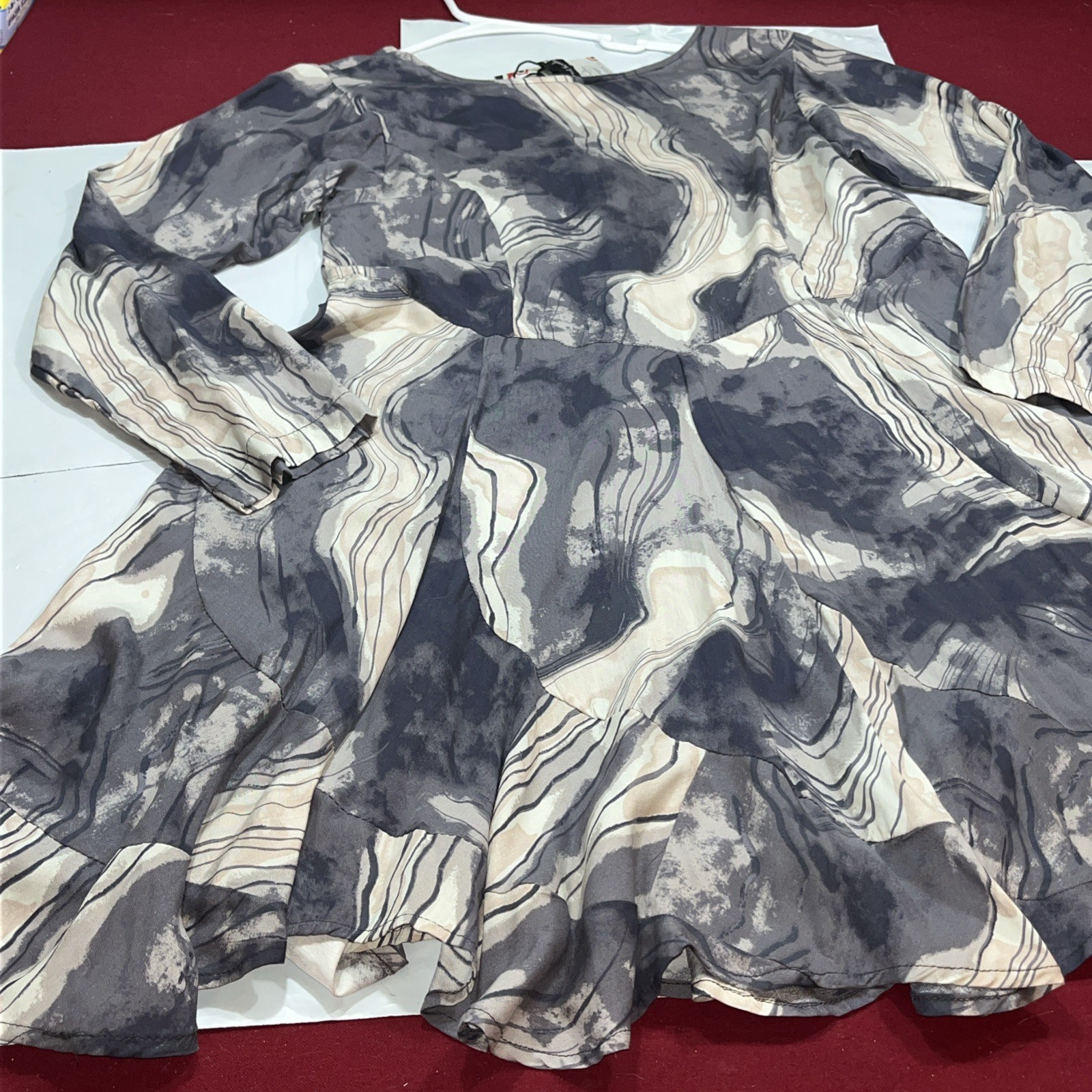 Sacred Threads NEW GRAY White swirl Rayon DRESS Lace Up Flared Skirt 221842. S M