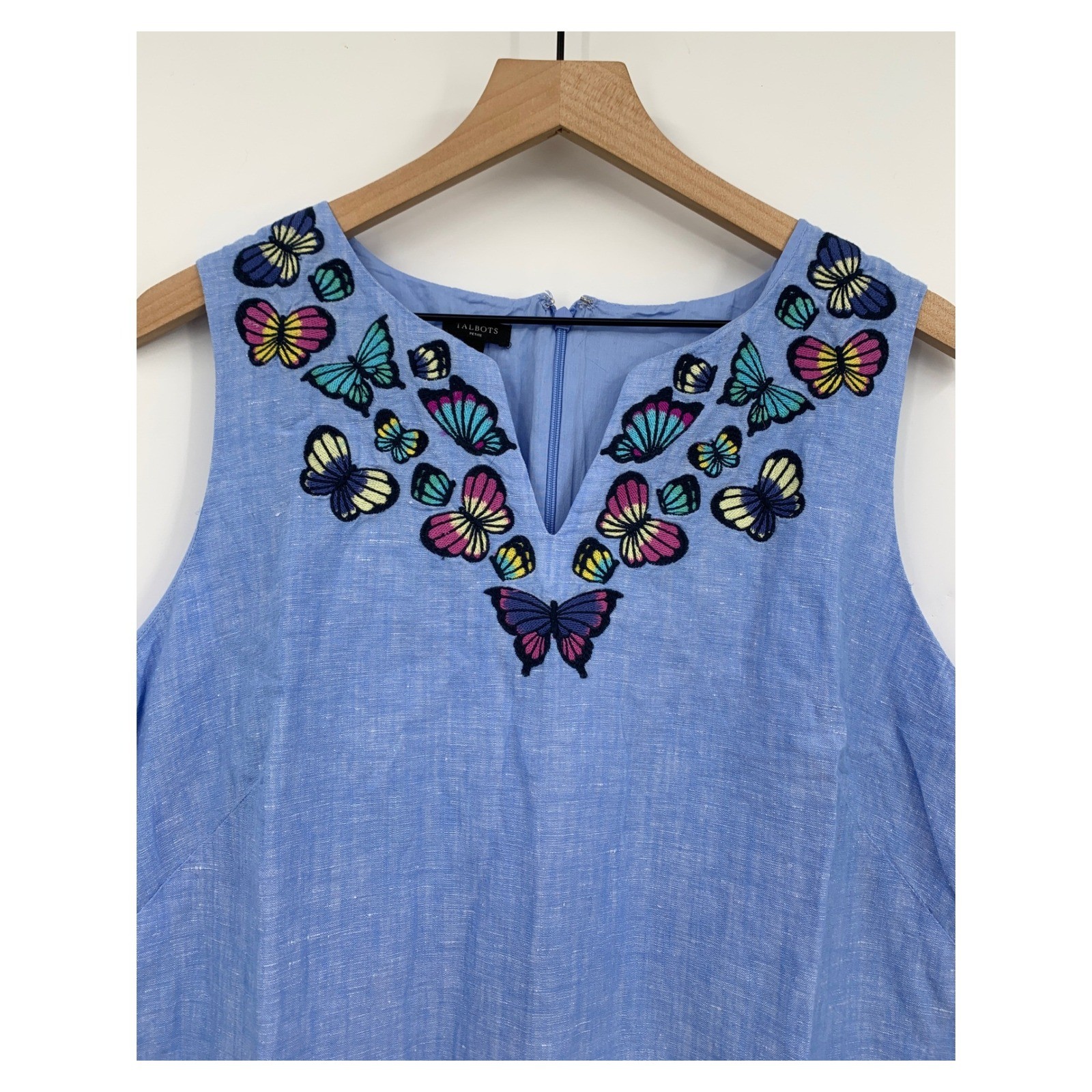 Talbots Dress 16 Petite Blue Butterfly Embroidered Linen Cotton Sleeveless