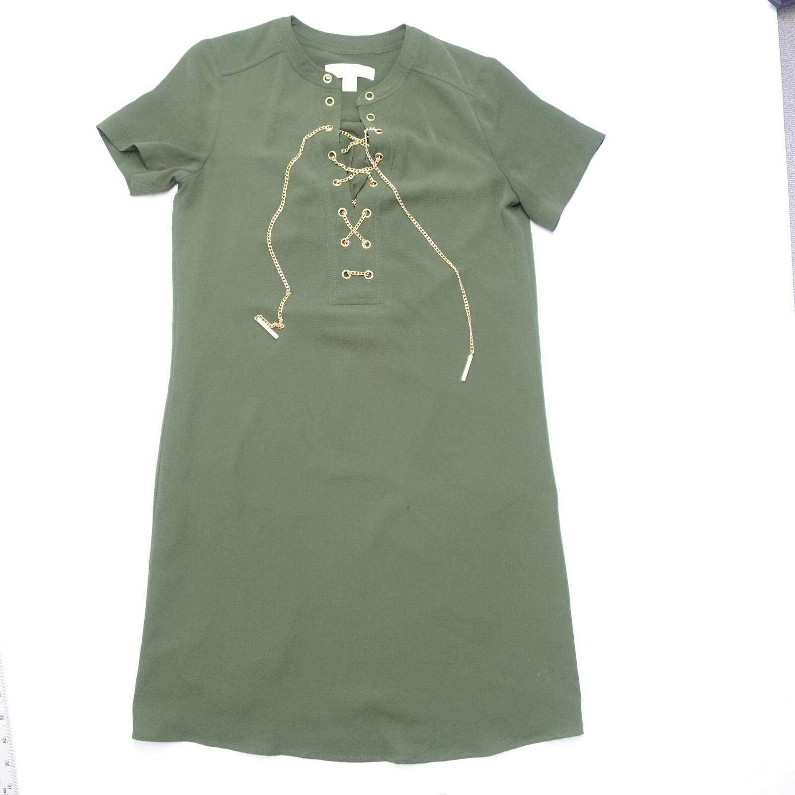 Michael Kors Chain Front T-Shirt Dress Women Size XS Green Long Sleeve Polyester