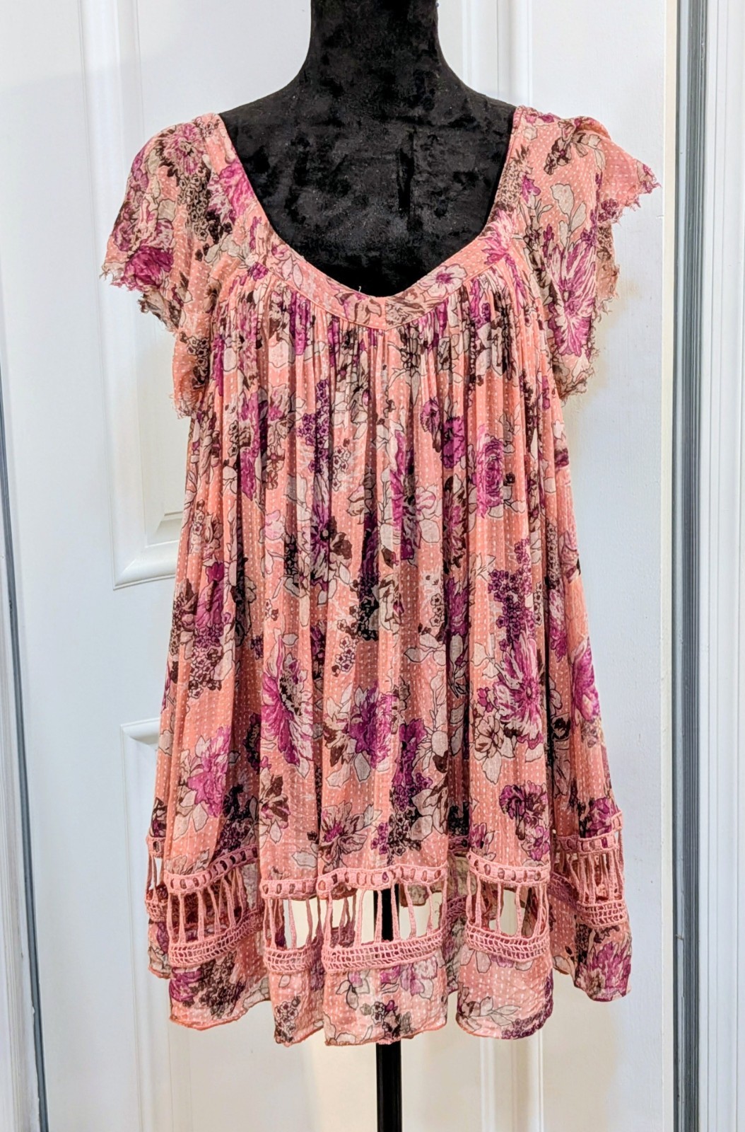 Free People Semi Sheer Floral Pink And Orange Baby Doll Dress Crochet Hem S