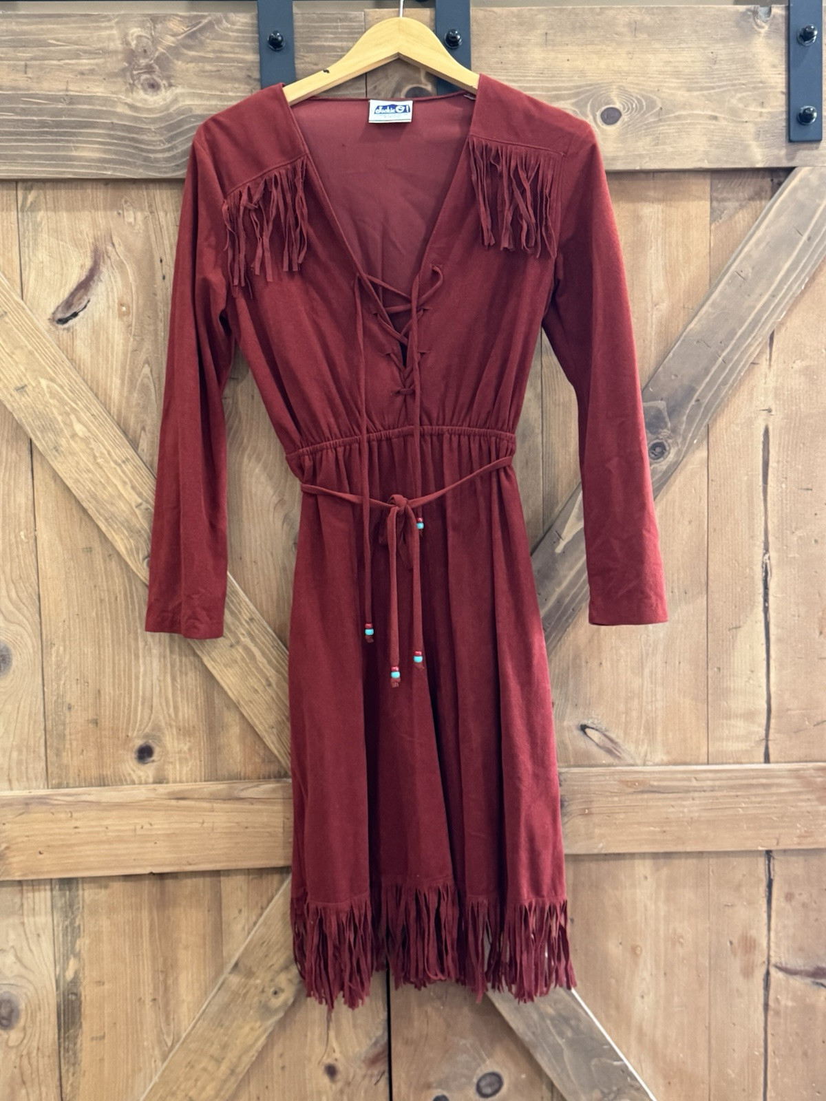70S Jackie O! Vintage Native Inspired Velvet Terracotta Hippy Fringe Dress Sz 7
