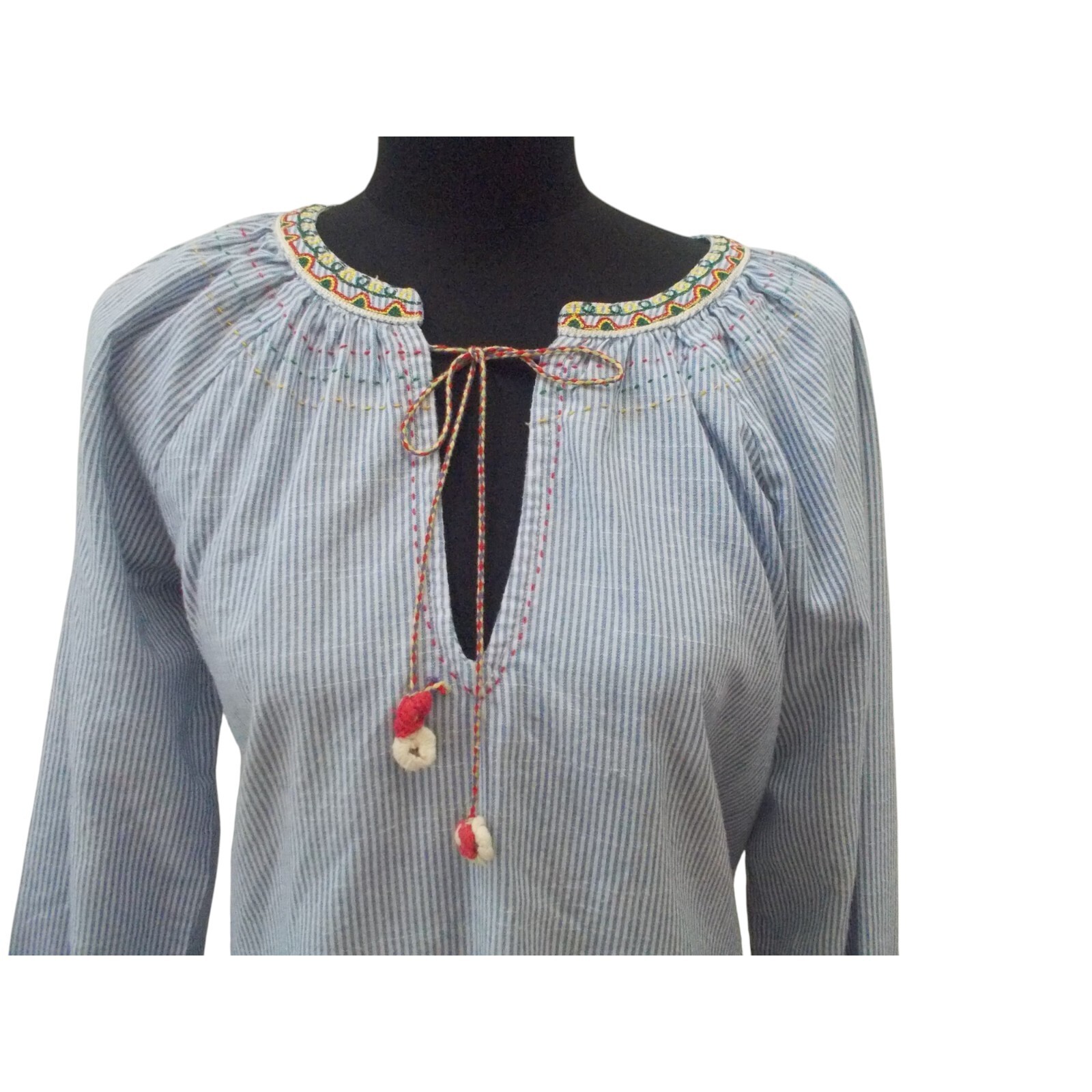 SUGAR LIPS Blue White Striped w/ Multi Color Stitching Short Long Sleeve Dress M