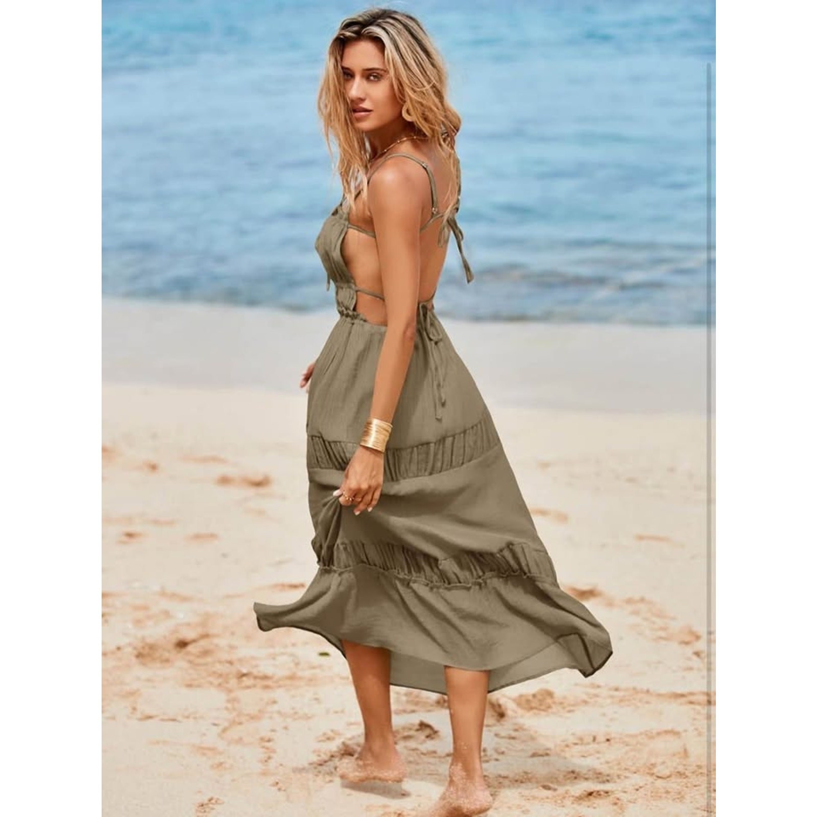 Women’s Brown Maxi Dress Pockets Drawstring Flowy Cami Ruffled Chiffon Skirt