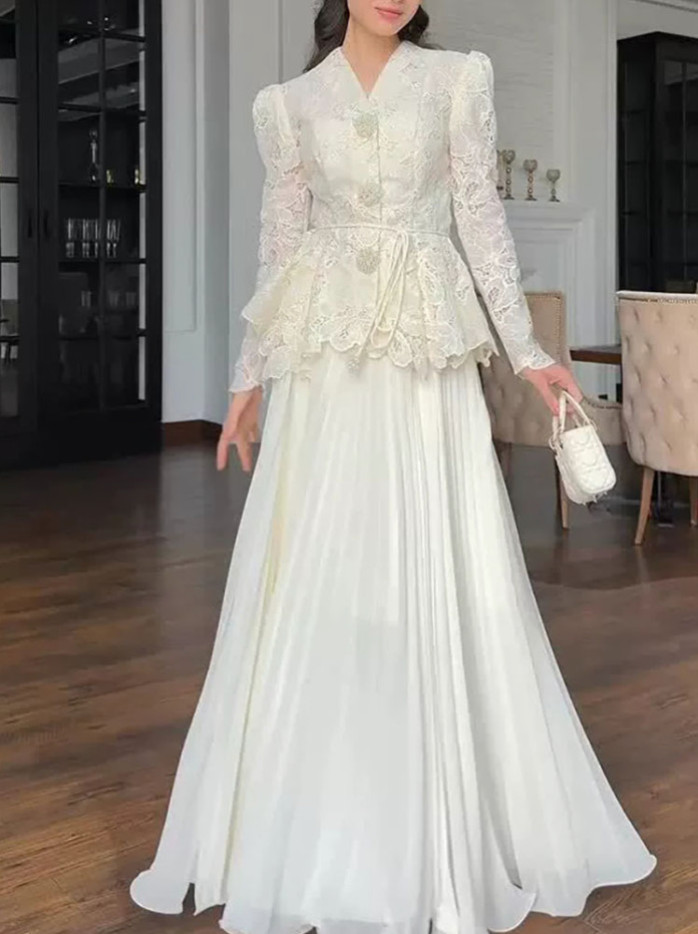 Elegant ivory skirt & top, beautiful lace top with button front, chiffon skirt