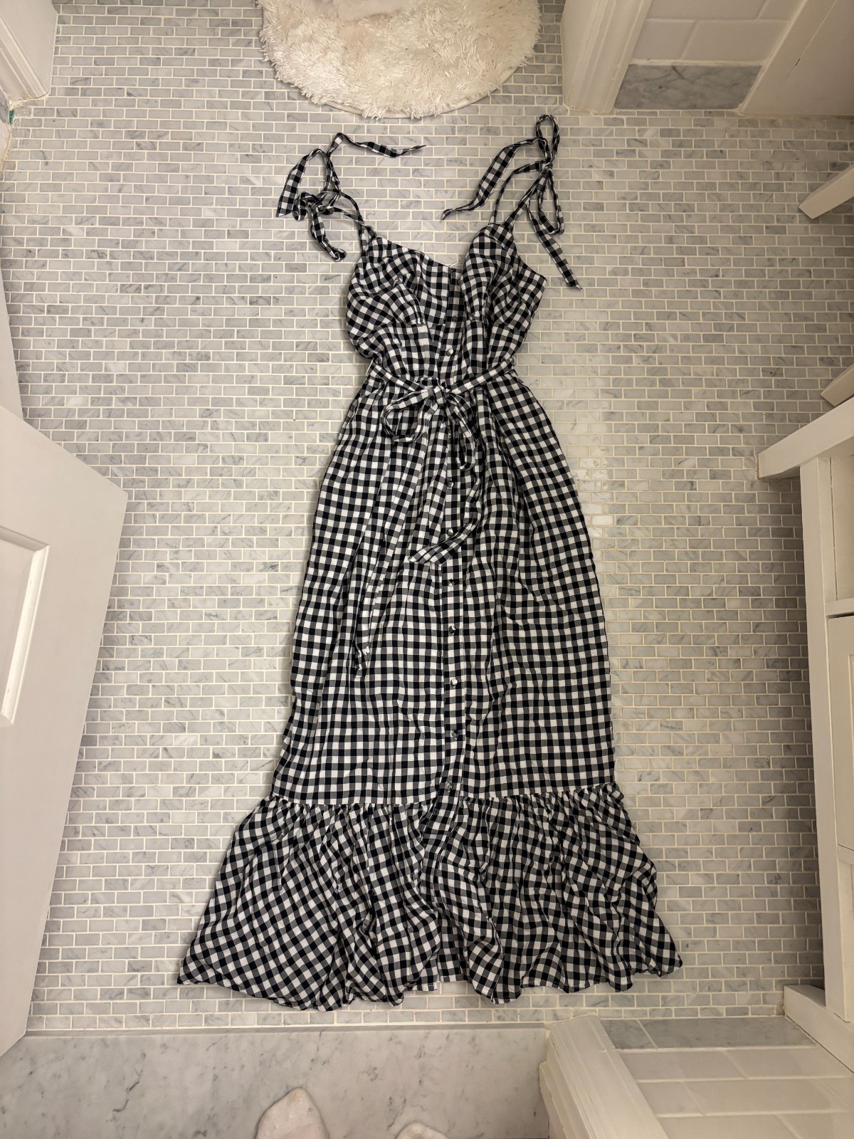 J. Crew Black and White Gingham Tie-Shoulder Button Front Ruffle Midi Dress (4)
