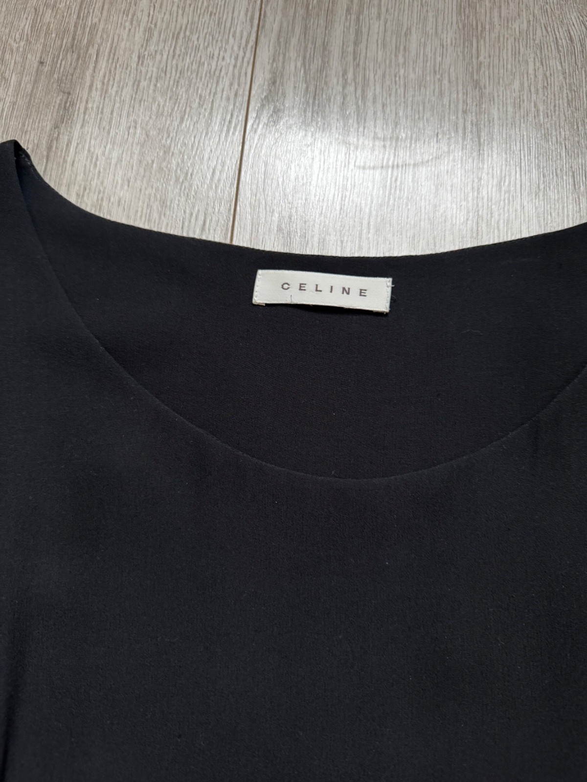 Celine Black Minimalst Ruffle Short Sleeve KneeDress Size L