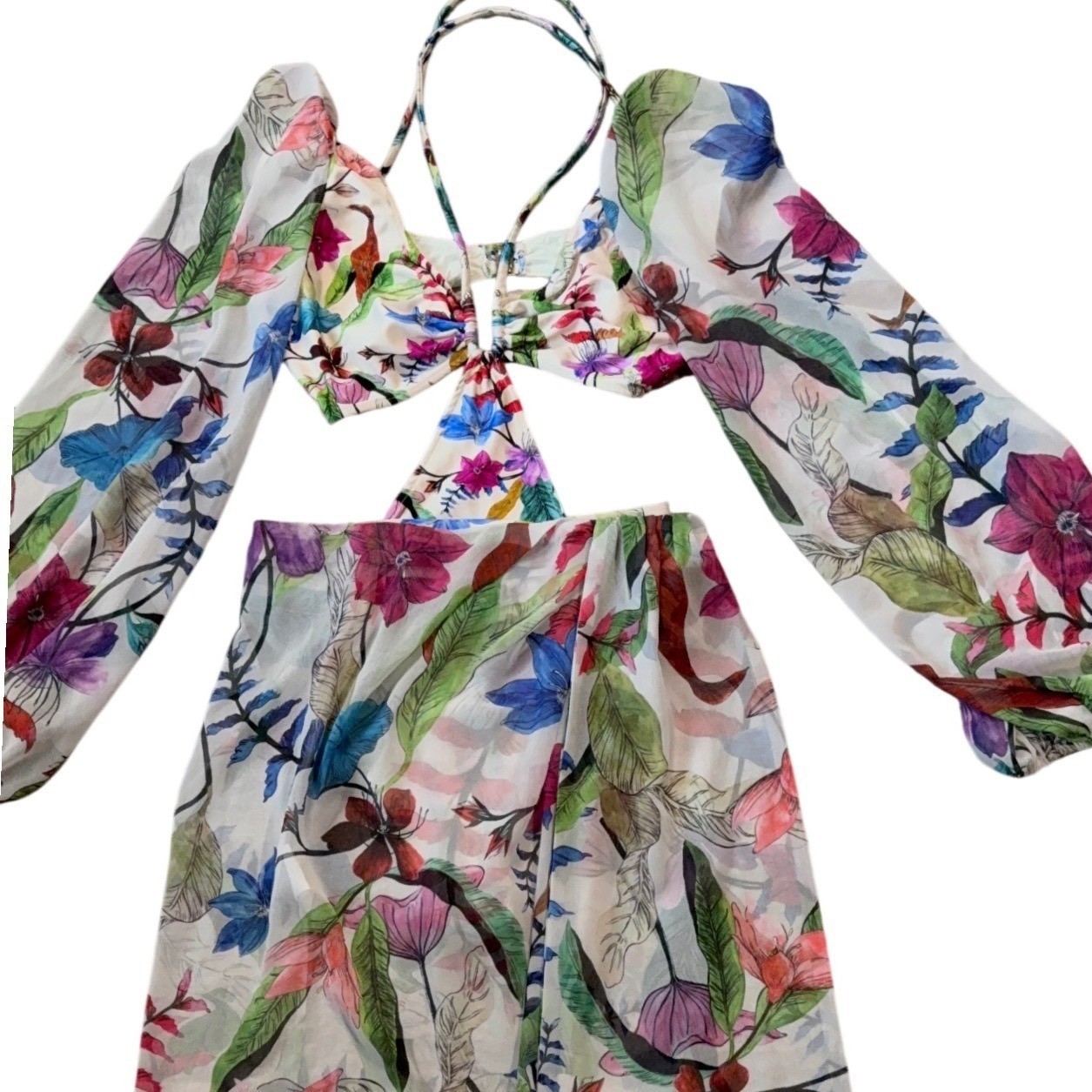 PatBO Zamia Floral Cut Out Bodysuit & Fringe Pareo Skirt Set US L/6 Beach Dress